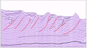 An example 2D seismic line showing the structure of the Makran accretionary prism. Width of view ~70 km.  Source: Smith et al. 2012